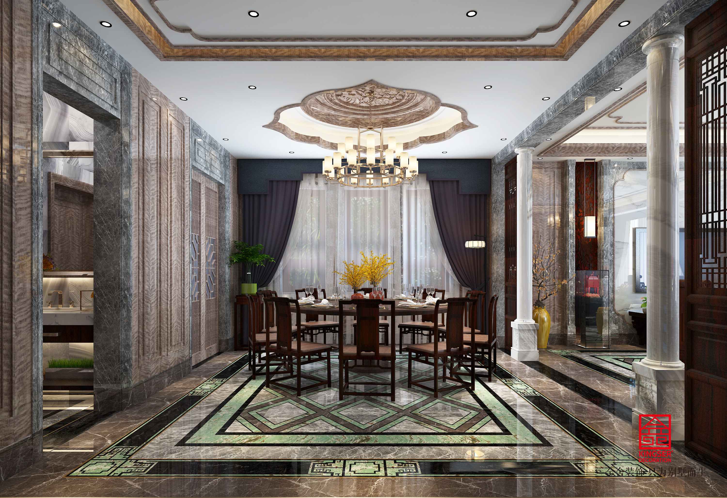 京唐港水岸华庭别墅480平米中式风格装修案例-餐厅