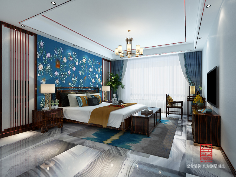 天鹅湖跃层255平米中式轻奢风格装饰案例-卧室