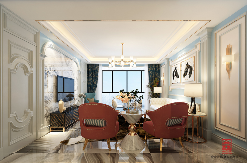 新华联双子座248平米美式轻奢 风格装饰案例-客厅